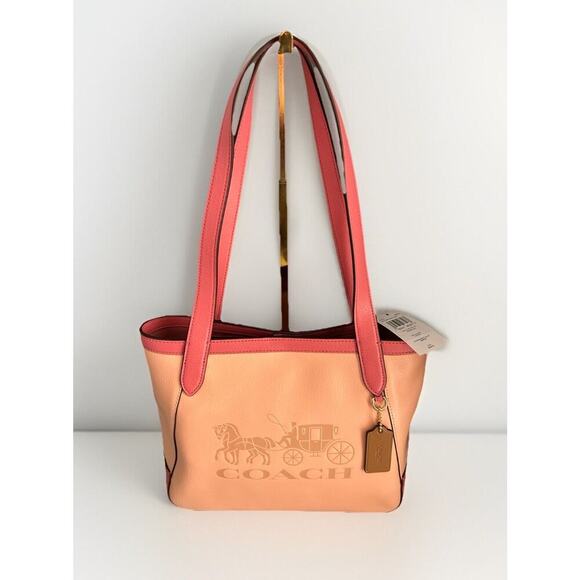 New Coach Leather Tote 27 Bag Pink Peach Blush C5775 Horse Carriage Colorblock - Picture 2 of 16